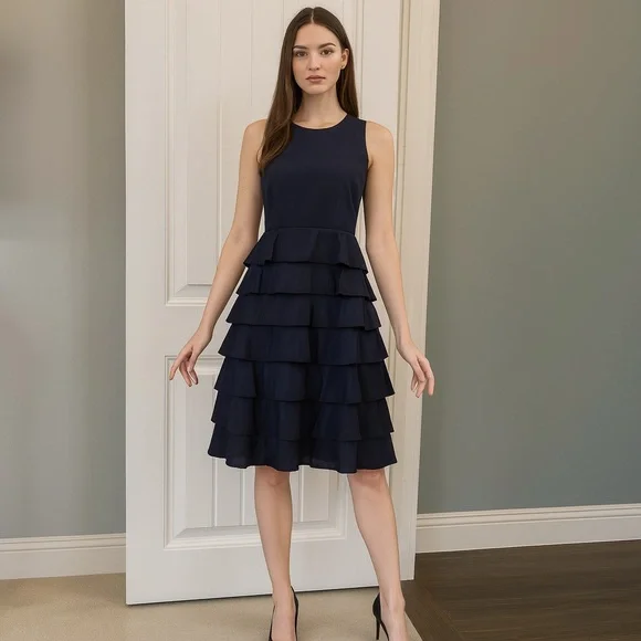 Orla Kiely Tiered Ruffle Dress | Dark Navy |Sleeveless Size 4 - Picture 2 of 16